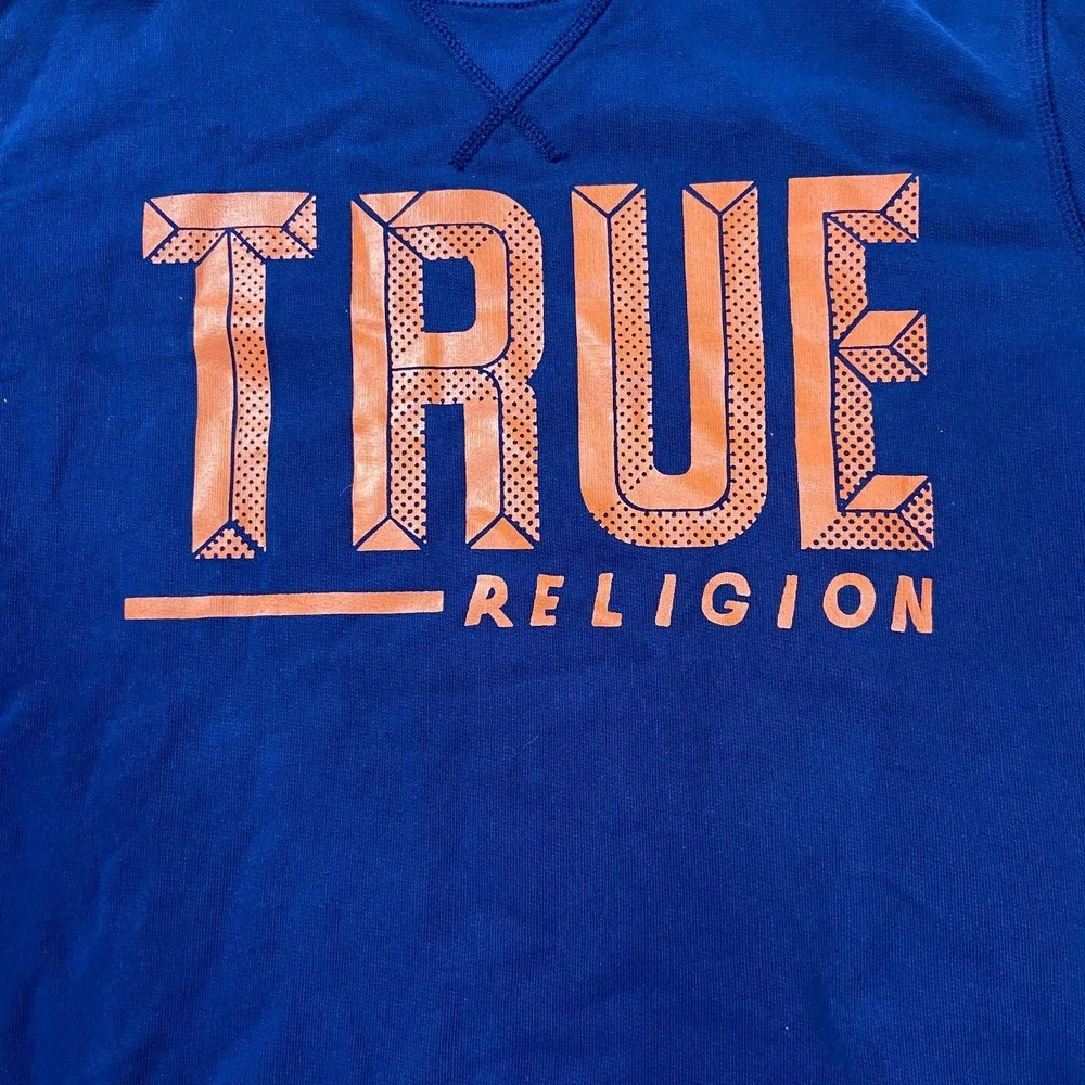 True Religion Sweatshirt Sz Large‎ Blue Cotton Spell Out Logo Terry Knit Ribbed